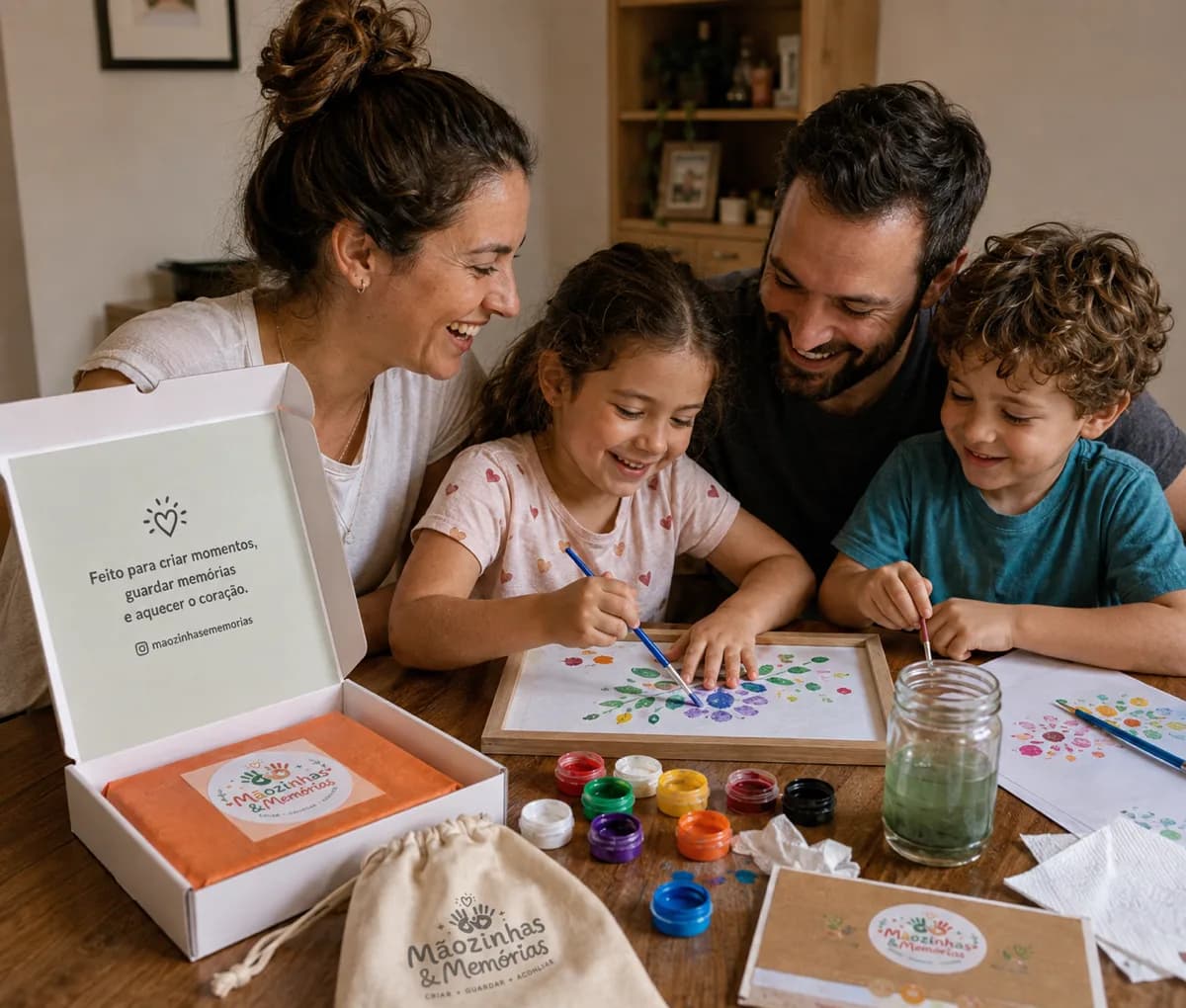 Família de quatro pintando junta à mesa com o kit aberto