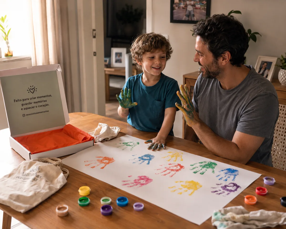 Pai e filho carimbando as mãos com tinta na mesa, kit aberto ao lado